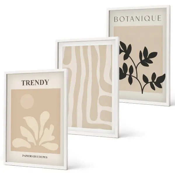 Set de 3 cuadros para salón con elegantes estampados de plantas en color beige y negro