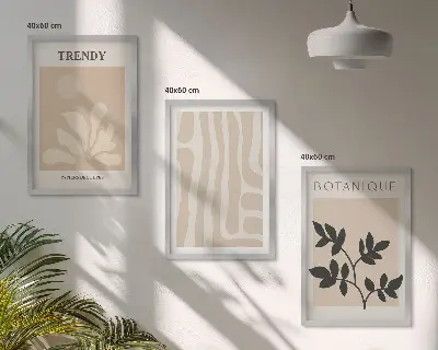 Set de 3 cuadros para salón con elegantes estampados de plantas en color beige y negro