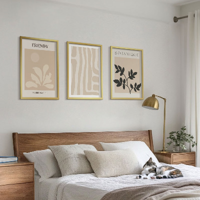 Set de 3 cuadros para salón Elegantes estampados de plantas en beige y negro.