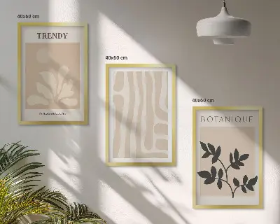 Set de 3 cuadros para salón con elegantes estampados de plantas en color beige y negro