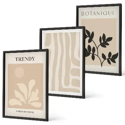 Set de 3 cuadros para salón con elegantes estampados de plantas en color beige y negro