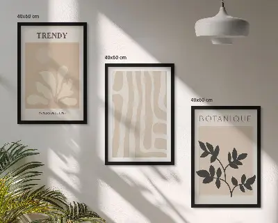 Set de 3 cuadros para salón con elegantes estampados de plantas en color beige y negro