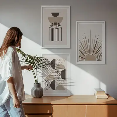 Juego de 3 cuadros de formas abstractas en tonos beige y marrón