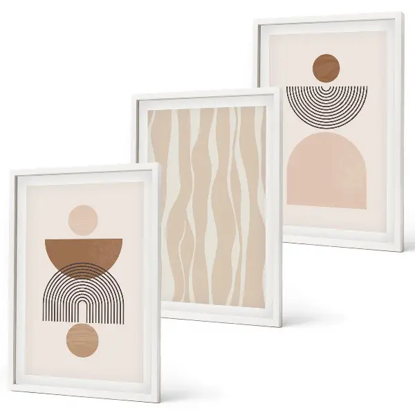Set de 3 cuadros para salón con diseño de formas abstractas en tonos marrón y beige
