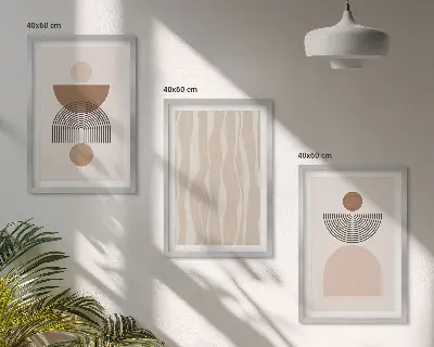 Set de 3 cuadros para salón con diseño de formas abstractas en tonos marrón y beige