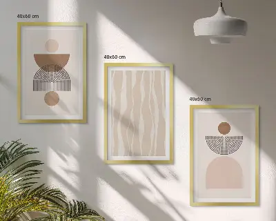 Set de 3 cuadros para salón con diseño de formas abstractas en tonos marrón y beige