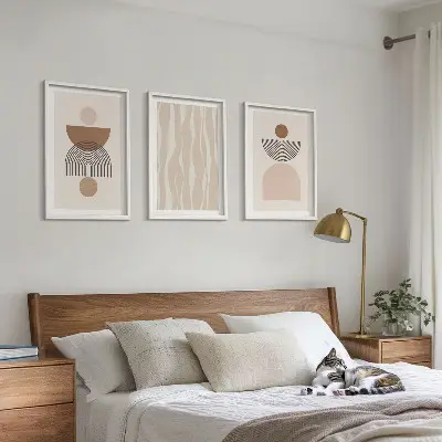Set de 3 cuadros para salón con diseño de formas abstractas en tonos marrón y beige