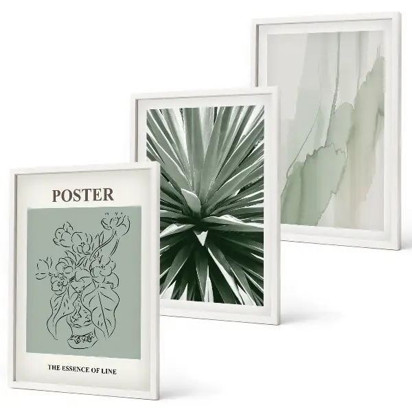 Set de 3 cuadros para salón con diseño de patrones de plantas en verde