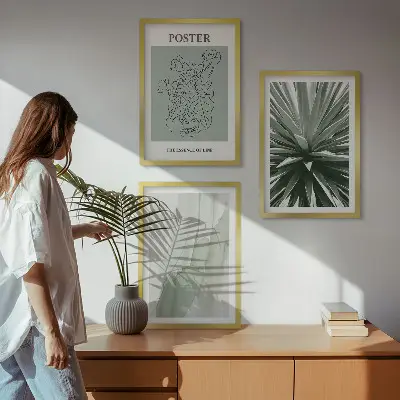 Set de 3 cuadros para salón con diseño de patrones de plantas en verde