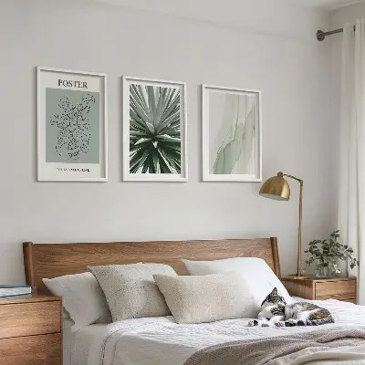 Set de 3 cuadros para salón con diseño de patrones de plantas en verde