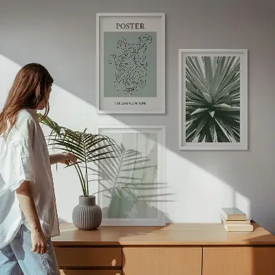 Set de 3 cuadros para salón con diseño de patrones de plantas en verde