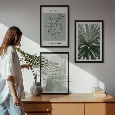 Set de 3 cuadros para salón con diseño de patrones de plantas en verde