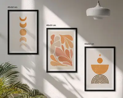 Set de 3 cuadros para salón con diseño de formas abstractas en color naranja