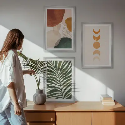 Set de 3 cuadros para salón con diseño de formas abstractas de hojas