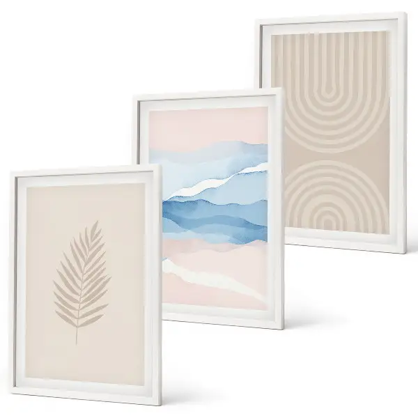 Juego de 3 cuadros con diseño de hojas onduladas en tonos beige y azulado