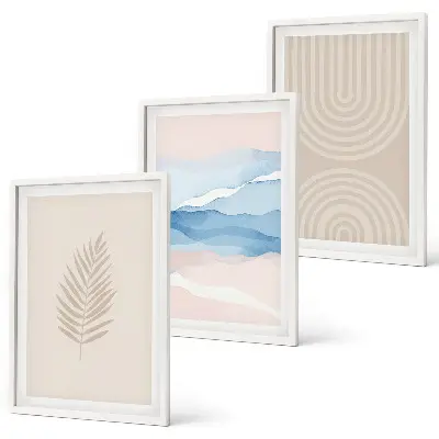 Juego de 3 cuadros con diseño de hojas onduladas en tonos beige y azulado
