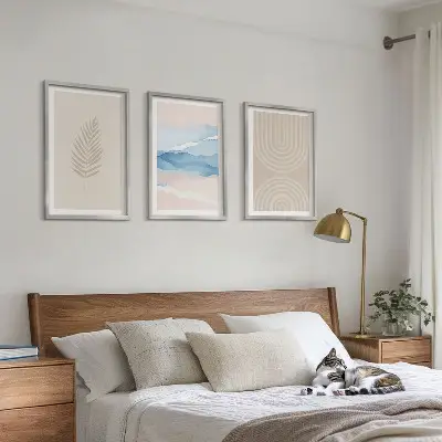 Juego de 3 cuadros con diseño de hojas onduladas en tonos beige y azulado