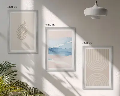 Juego de 3 cuadros con diseño de hojas onduladas en tonos beige y azulado