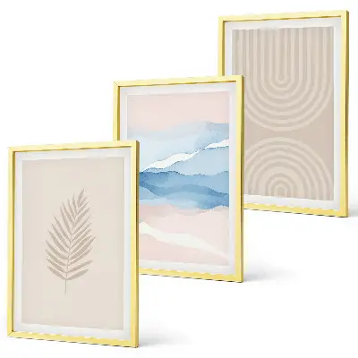 Juego de 3 cuadros con diseño de hojas onduladas en tonos beige y azulado