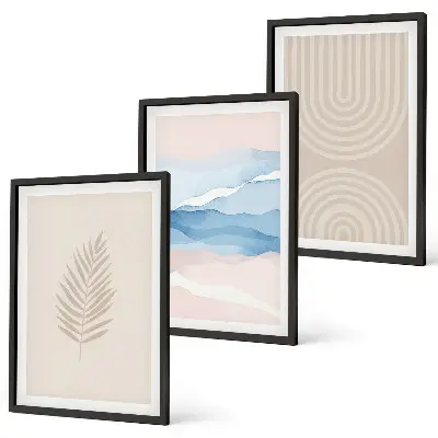 Juego de 3 cuadros con diseño de hojas onduladas en tonos beige y azulado