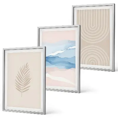 Juego de 3 cuadros con diseño de hojas onduladas en tonos beige y azulado