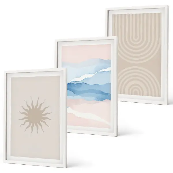 Set de 3 cuadros para salón diseño de ondas solares con líneas abstractas en tonos pastel