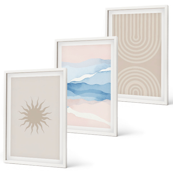 Set de 3 cuadros para salón Ondas solares, líneas abstractas en tonos pastel.