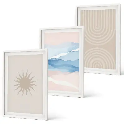 Set de 3 cuadros para salón diseño de ondas solares con líneas abstractas en tonos pastel
