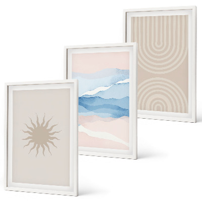 Set de 3 cuadros para salón Ondas solares, líneas abstractas en tonos pastel.