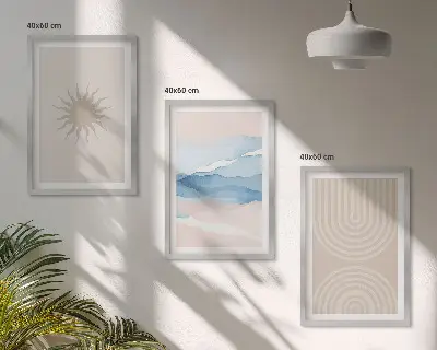 Set de 3 cuadros para salón diseño de ondas solares con líneas abstractas en tonos pastel