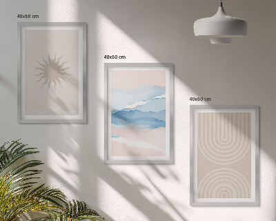 Set de 3 cuadros para salón Ondas solares, líneas abstractas en tonos pastel.