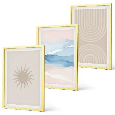 Set de 3 cuadros para salón diseño de ondas solares con líneas abstractas en tonos pastel