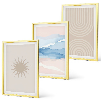 Set de 3 cuadros para salón Ondas solares, líneas abstractas en tonos pastel.