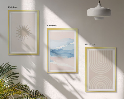 Set de 3 cuadros para salón Ondas solares, líneas abstractas en tonos pastel.