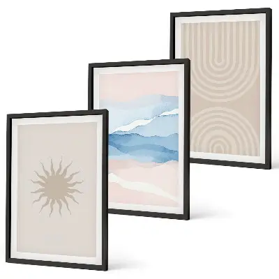 Set de 3 cuadros para salón diseño de ondas solares con líneas abstractas en tonos pastel