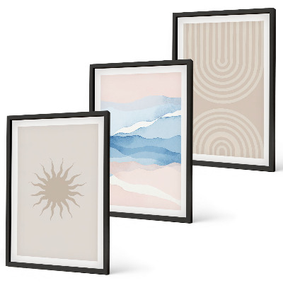 Set de 3 cuadros para salón Ondas solares, líneas abstractas en tonos pastel.