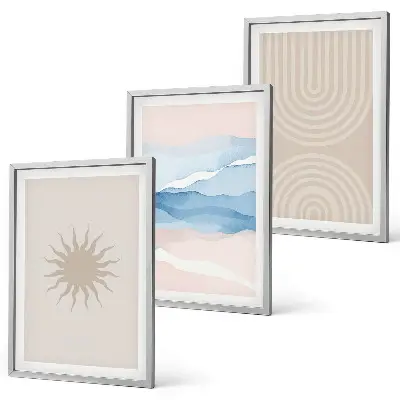 Set de 3 cuadros para salón diseño de ondas solares con líneas abstractas en tonos pastel
