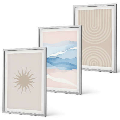 Set de 3 cuadros para salón Ondas solares, líneas abstractas en tonos pastel.