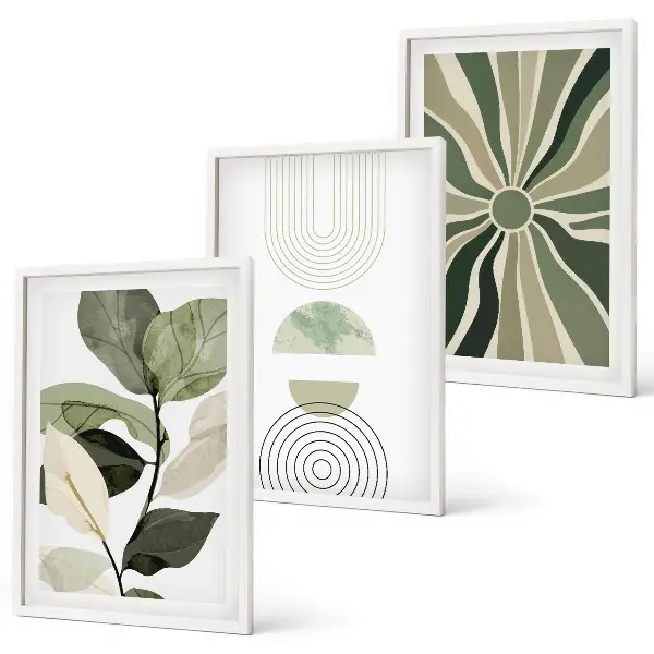 Juego de 3 cuadros con motivos vegetales y geometría