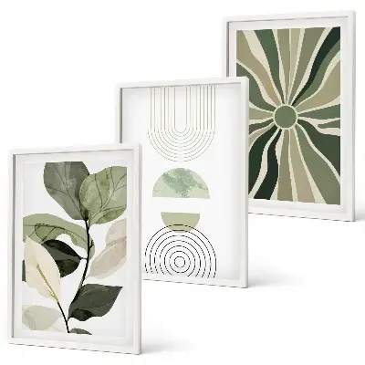 Juego de 3 cuadros con motivos vegetales y geometría