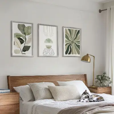 Juego de 3 cuadros con motivos vegetales y geometría