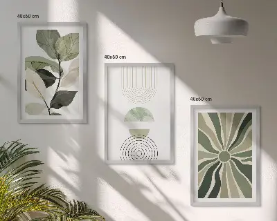 Juego de 3 cuadros con motivos vegetales y geometría