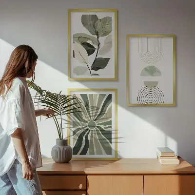 Juego de 3 cuadros con motivos vegetales y geometría