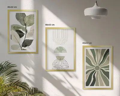 Juego de 3 cuadros con motivos vegetales y geometría