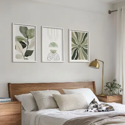 Juego de 3 cuadros con motivos vegetales y geometría