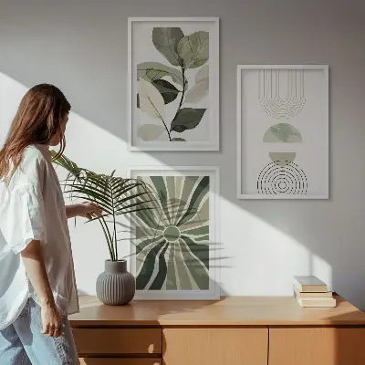Juego de 3 cuadros con motivos vegetales y geometría