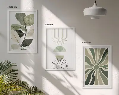 Juego de 3 cuadros con motivos vegetales y geometría