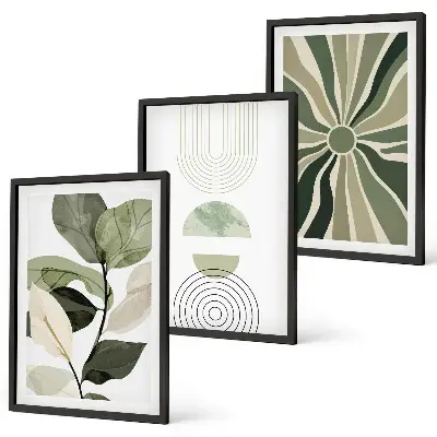 Juego de 3 cuadros con motivos vegetales y geometría