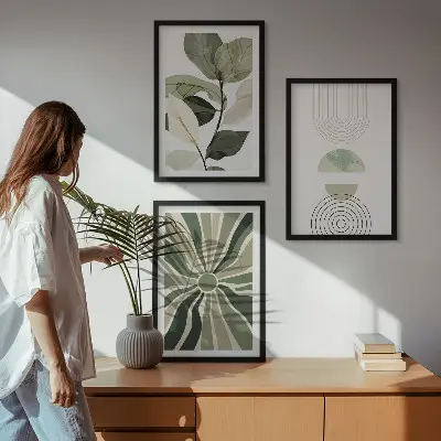 Juego de 3 cuadros con motivos vegetales y geometría