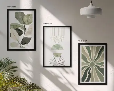 Juego de 3 cuadros con motivos vegetales y geometría